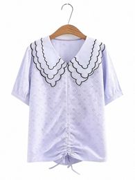 plus Size Women's Summer T-Shirt Doll Neck Blouse With Multi-Layered Wavy Edges And Solid Colour Jacquard Polyester Thin T-Shirt l9qf#