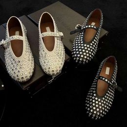 designer Women Dress shoes ALAlAaa Mary Jane ballet flats hollowed out mesh sandals round head rhinestone Genuine leather Party Ballet designer Flat shoes size 35-45