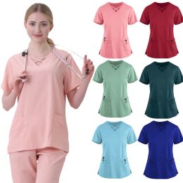 New Unisex Nurse Scrubs Women Nurse Uniform Santa Claus Print V-neck Clinic Uniform Hospital Healthcare Spa T-shirt Blouse