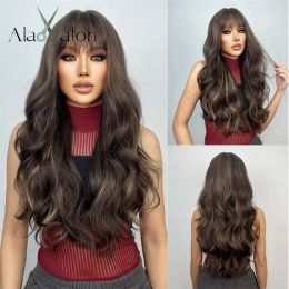 Wigs ALAN EATON Long Brown Highlight Wavy Wig Synthetic Hair Wigs with Bangs for Women African Mixed Brown High Temperature Fake Hair