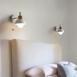 Bedside LED wall lamp Pull Chain switch Nordic modern E27 wood sconce