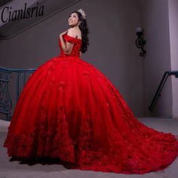 Vestido de bola vermelha de luxo doce 16 vestidos quinceanera 2023 fora do ombro Flores 3D Apliques Pearls vestidos de 15 Anos