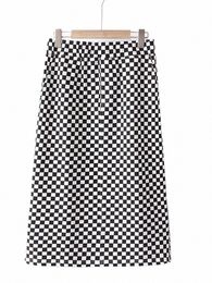 plus Size Women's Short Skirt In Summer High Waist Elastic Waist Knee Length Skirt Black And White Squares Large Size Skirt o3Zf#