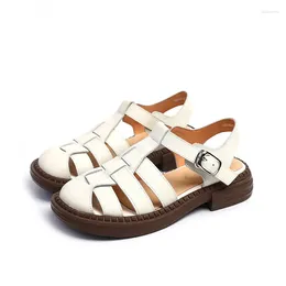 Casual Shoes Women's Sandals Cowhide Round Head Solid Color Low-Heeled Buckle Retro Leisure Non-Slip Cute Lolita Mary Jane