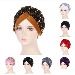 Beanie/Skull Caps New Muslim Turban Headwear For Women Pre Tied Veet Sequins Headwrap Chemo Beanies Hair Er Drop Delivery Fa Dhgarden Dhbpn