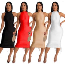 Casual Dresses 2024 Spring Summer Sexy Women Bandage Dress Backless Crew Neck Sleeveless Drawstring Solid Elegant Bodycon Party