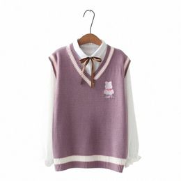 japanese Kawaii Knitted Sweater Women Pull Vintage Teen Girl School Uniform Vest Cute Carto Bear Embroidery Sleevel Jumper r5U7#