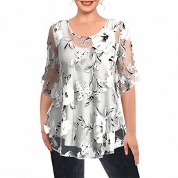 plus Size Dry Light Grey Chiff See-Through Floral Print Two Pieces Blouse F0Vp#