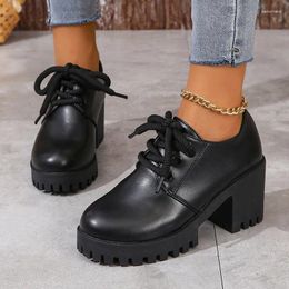 Dress Shoes Spring Autumn Leather 2024 Women's Square Heel Lace-up Round Head Outdoors For Female Zapatos Para Mujeres