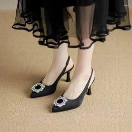 Dress Shoes Black Pointed High Heels Single Rhinestones Wrapped Sandals Women's Summer 2024 Slim With Skirts