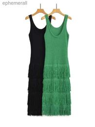 Urban Sexy Dresses Summer Sleeveless Knitted Tassel Spliced Midi Dress Women Green Black Stretchable Slim yq240330