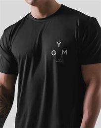 Men's T-Shirts M-4XL High Elastic Cotton Summer Mens Gym Short sleeved T-shirt Fitness Small Letter Printed Mens Clothing T-shirt J240330