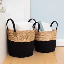 Laundry Bags Set Of 2 Round Storage Basket Braided Seagrass & Cotton Rope (LG MD) Natural Black