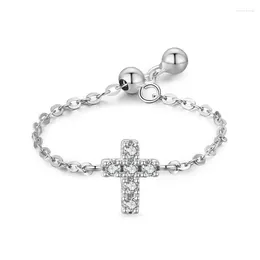Cluster Rings STLS925 Sterling Silver Sparkling Diamond Cross Chain Ring Female Niche Instagram Design Adjustable Cross-border Jewellery
