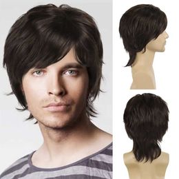 Nxy Vhair Wigs Gnimegil Synthetic Mullet Head Wig Natural Brown for Man Boys Short Straight Wolf Tail Hair Cosplay Costume Anime 240330