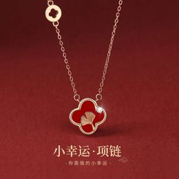 Tichia Little Lucky Clover Necklace 999 Feet Sier Forest Rose Gold Red Agate Pendant for Women