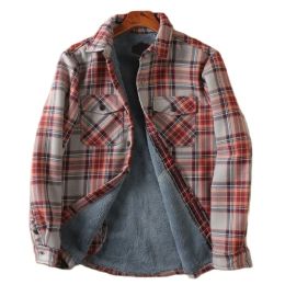 Men Fleece Shirt Jacket Plaid Winter Thermal Lined Flannel Shirt Jacket Soft Warm Outdoor Sports Shirts Male Casual Jackets