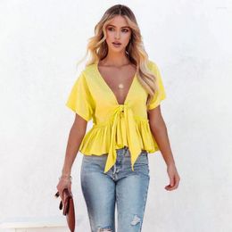 Women's Blouses Short-sleeve Blouse Stylish Summer Tops V-neck Knot Design Tee Crewneck Textured For Casual Chic Look Women