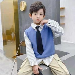 Clothing Sets 2024 Spring Autumn Children Kids Three Pieces Set Boys Turn-down Collar Full Sleeves Single Breasted Shirt V-neck Vest Tie