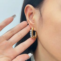 Hoop Earrings 2024 Shiny White Green Gem Inlaid Stainless Steel Stylish Women's Gold Plated C-Shaped Gift Daily Wear
