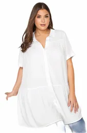 plus Size Short Sleeve Summer Loose Casual Blouse Shirt Women Solid Ruffled Hem Butt Down Tunic Tops Female Large Size T-shirt T6Xl#