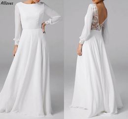 Modern White Simple Chiffon A Line Wedding Dresses With Long Sleeves Stylish Lace Sexy Backless Bridal Gowns Boho Beach Garden Bride Women Robes de Mariee CL3435