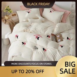 Bedding Sets Winter High Weight Milk Flour Cartoon Towel Embroidery Set Of Four Thickened And Warm Bed Sheet Three