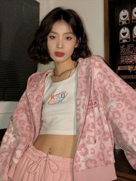 Deeptown Preppy Style Pink Sweatshirts Leopard Print Y2K Harajuku Oversized Hoodies Women Vintage Zipper Cropped Top Cute Jacket