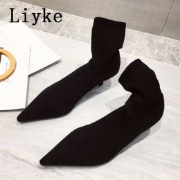 Liyke Spring Autumn Casual Cozy Black Stretch Fabric Ankle Sock Boots Women Pointed Toe Low Thin Heels Slip On Shoes