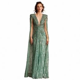 shar Said Luxury Dubai Sage Green Evening Dres with Cape Fuchsia Crystal Gold Elegant Women Wedding Formal Party Gown SS399 11qs#