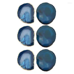 Tea Trays 6Pcs Agate Slice Blue Teacup Tray Decorative Design Stone Gold Edges Home Decor Gemstone