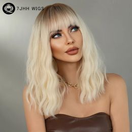 7JHH WIGS Shoulder Length Blonde Body Curly Wig with Bangs Synthetic Wigs for Women Cosplay Party Hair Natural Heat Resistant