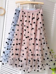 TIGENA Tulle Maxi Skirt Women 2023 Spring Summer Korean Cute Heart Pattern Flocking Mesh Big Hem High Waist Long Skirt Female