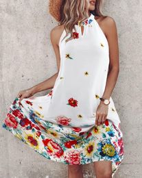 Casual Dresses Women's Vacation Dress Floral Print Sleeveless Short Skirt 2024 Spring/summer Latest Keyhole Neck Hollow Out Tied Detail Midi