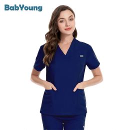 Men Women Scrub Nursing Uniform Nurse Blouse Short Sleeve V-neck Scrub Tops with Pocket Spa Shirt Unisex Work Wear Uniform New