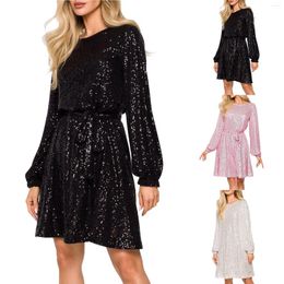 Casual Dresses Women Shiny Sequins Mini Dress Elegant Round Neck Long Sleeve Prom Party Loose Lace Up Club Vestidos Fiesta