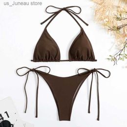 Women's Swimwear Sexy Women Thong Solid Colour Bikini Set Side Halter Tie Swimsuit Ladies Split Strap Adjustable Brazilian Swimwear Beachwear T240330