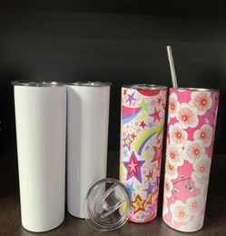 20oz Sublimation Skinny Tumblers Straight Blanks Stainless Steel Coffee Mugs With Lid and Plastic Straw Sippy Cups LXL142419272011