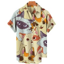 Mens T-Shirts Cat Print T-Shirt Summer 2022 Cotton Soft 3D Clothes Men/Women V-Neck Fashion Buttons Personality Tops Hawaiian Lapel Dr Dhyiv