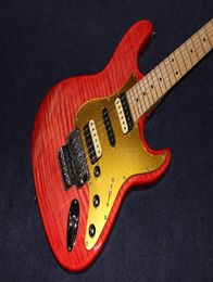 A Flame Top Electric Guitar ST Body Mahogany Hardware Chrome Pick Guard Gold Color Red2708340