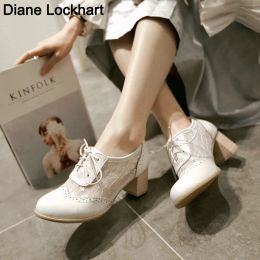 2024 New Women Lace Mesh Breathable Pumps Shallow Brogue Shoes Ladies Vintage Oxford Shoes Lace-Up Chunky High Heels Female34-43