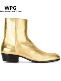 Boots Top Quality Boots Zipper Western Boot Gold Metallic Leather Ankle Boots Mens Leather Shoes