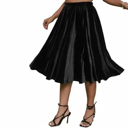 plus Size High Elastic Waist Veet Skirt Women Solid Black Spring Autumn Midi Party Skirt A-line Flare Skirt Large Size 6XL 7XL R6PO#