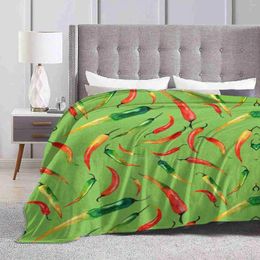 Blankets - Chilli Pattern ( Green ) Creative Design Comfortable Warm Flannel Blanket Watercolor Chili Pepper Spice Seasoning Spicy