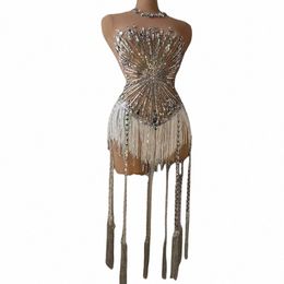 folk Dance show Rhinestes Sequins Fringes Leotard for Women Sexy Mesh Transparent Performance Dance Costume Z7mi#