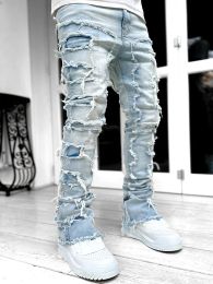 2023 Men's Casual Distressed Ripped Jeans Cool Slim Fit Solid Color Stretch Denim Pants Straight Leg Streetwear Trousers Style