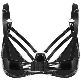 Women's Wet Look Patent Leather Wire-Free No Padded Bra Tops Unlined Bralette Cutout Strappy Balconette Bustier Corset Clubwear