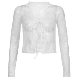 Women Sexy See Through Cardigans Y2K Long Sleeve Lace Mesh Lace Vintage Lace Tie Up Floral Crop Tops Streetwear Cardigans