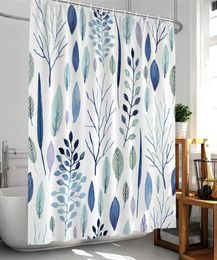 Shower Curtains Leaves Plants Blue Green Watercolor Leaf Floral Nordic Simple Polyester Fabric Decor With Hooks Bathroom Curtain