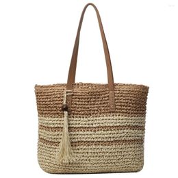 Drawstring Women Straw Woven Tote Bag Fashion Handbag Large Capacity Weaving Shoulder Striped For Travel Vacation